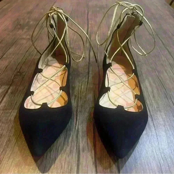 J. Crew Women's Black Suede Gold Metallic Lace up Flats Back zip 8M - Picture 4 of 7